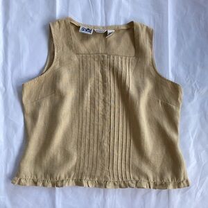 MALCOM & CO. IRISH LINEN SLEEVELESS TOP IN BEIGE WITH SQUARE NECK & PINTUCKING